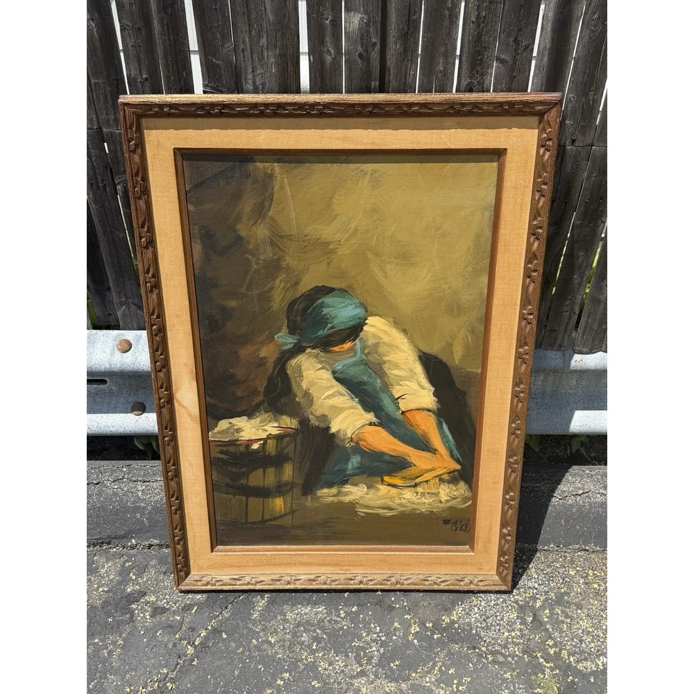 Vintage Hillside Original Oil Painting on Canvas Framed Woman Washing Clothes